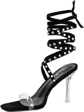 Lala Ikai Size 8 Sandals Stiletto 3.5" Clear Strap Square Toe Rhinestone Strappy